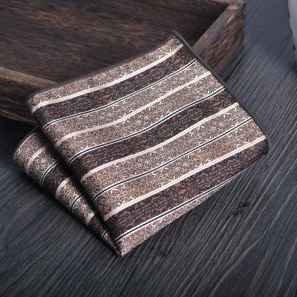 24 سنتيمتر الخريف الشتاء موضة يترك مطبوعة جيب مربع للرجال البوليستر البني مخطط منديل الزفاف العريس دعوى المنديل