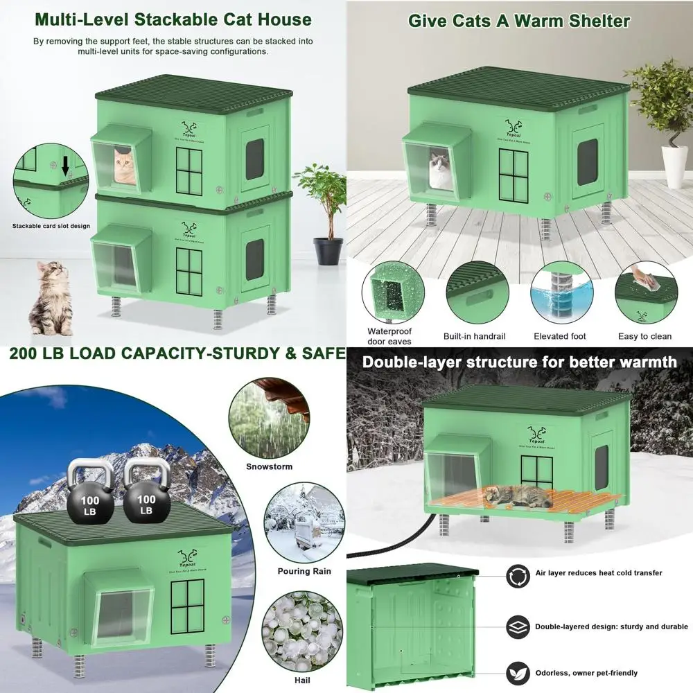 

Weatherproof Insulated Elevated Outdoor Cat House with Safe Exit, Heated for Barn Cats, Green, 21.6x17x17.5