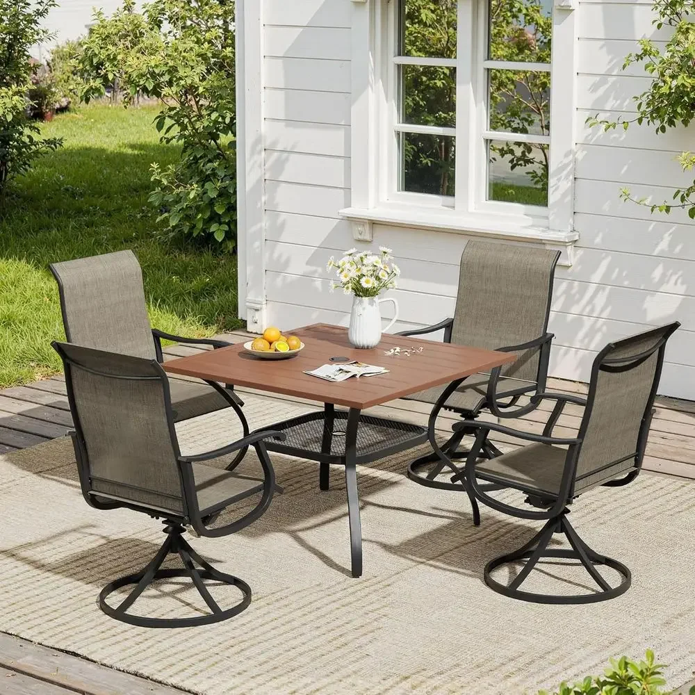 5-Piece Patio Dining Set: 4 Swivel Chairs & Square Table with Storage, Mixed Brown & Walnut