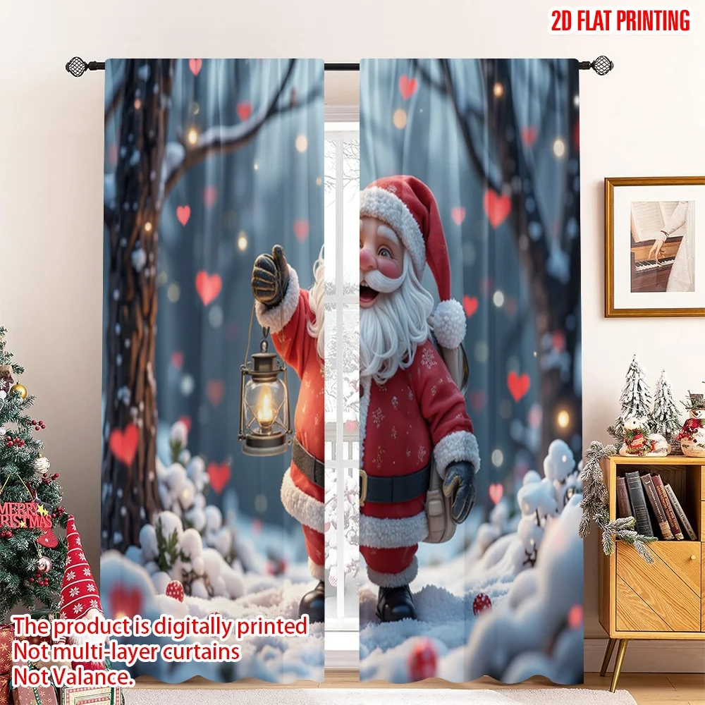 

2pcs 2D flat printing Christmas Scene Curtain Gnome Red Hat Lantern Hearts Polyester Fabric Without Electricity Family Party Use