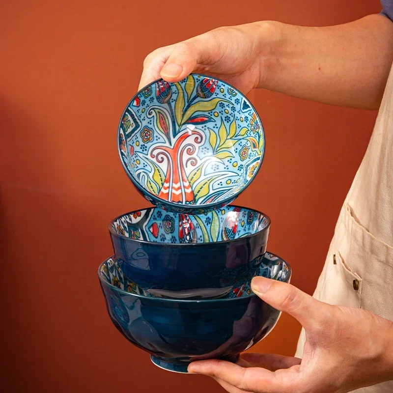 Bohemian Rice Bowl Home Creative Personality Ceramic Bowl High Appearance Level Retro Noodle Bowl Eating Rice Small Bowl