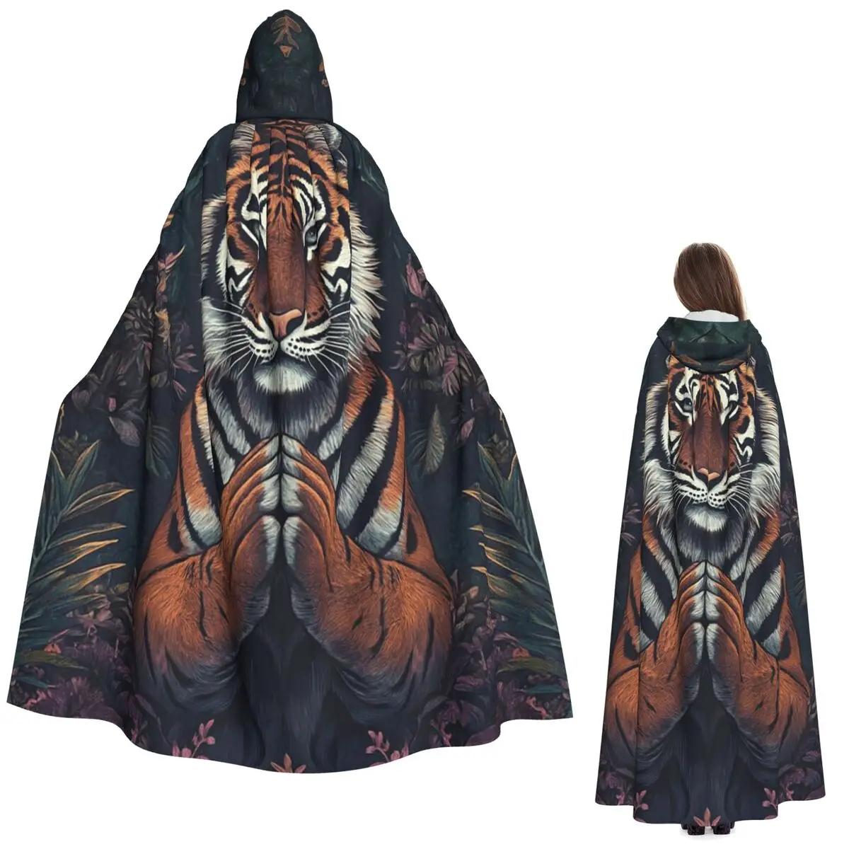 

Tiger Print Black With Vibrant Orange And White Stripes Long Hooded Cloak Witch Medieval Costume Cosplay Cape HalloweenVampire