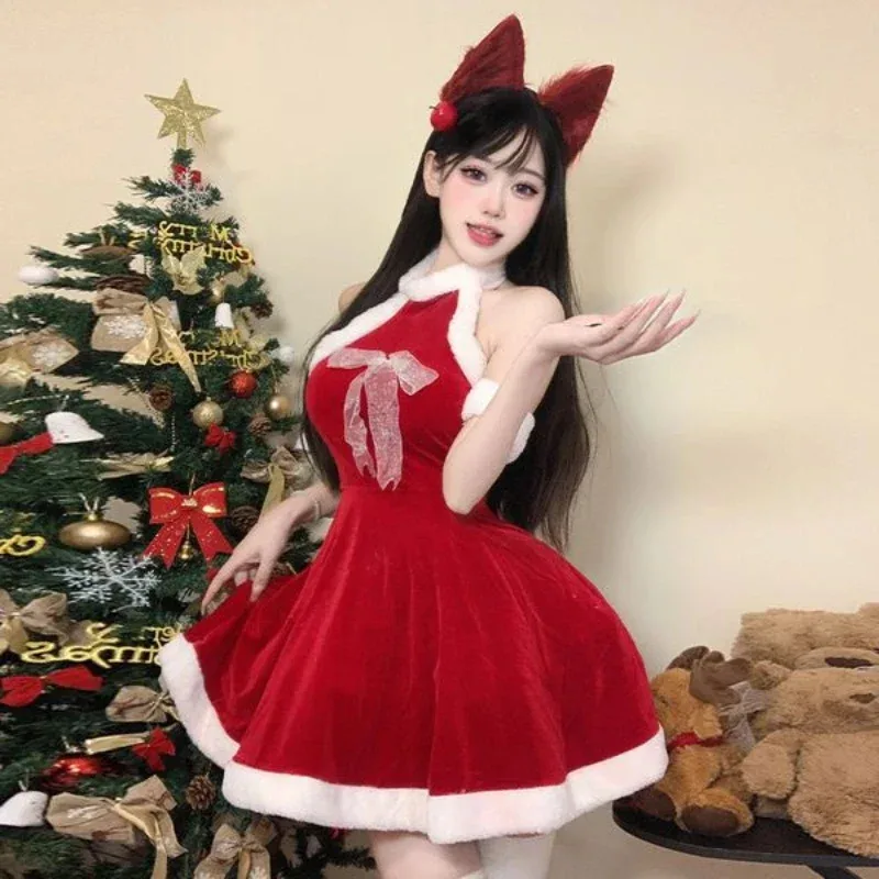 فستان بحمالات عيد الميلاد بدون ظهر، زي حفلة عيد الميلاد، زي نسائي أحمر للعام الجديد، زي لعب الأدوار، مجموعة فتاة لطيفة