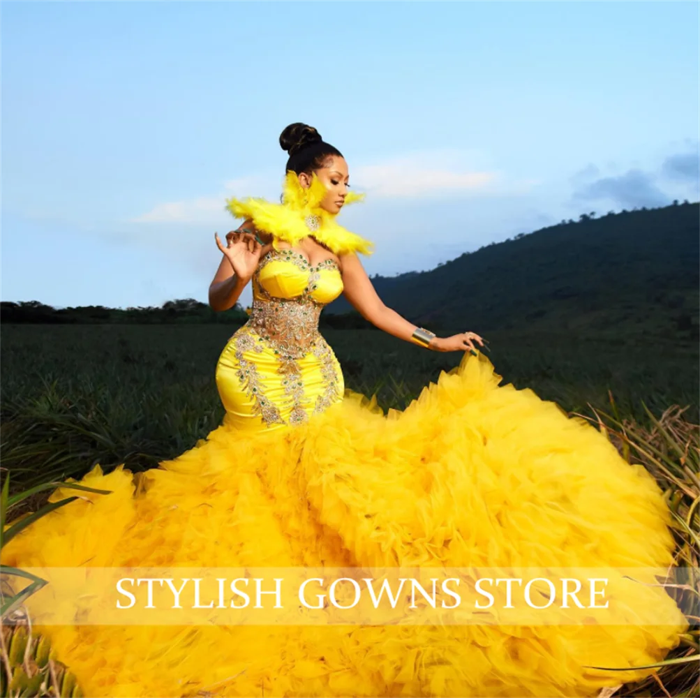 Yellow Sweetheart Evening Gown Feather Neck Birthday Party Gown Bead Crystal Formal Dress Ruffles Robe De Bal Aso Ebi Customized