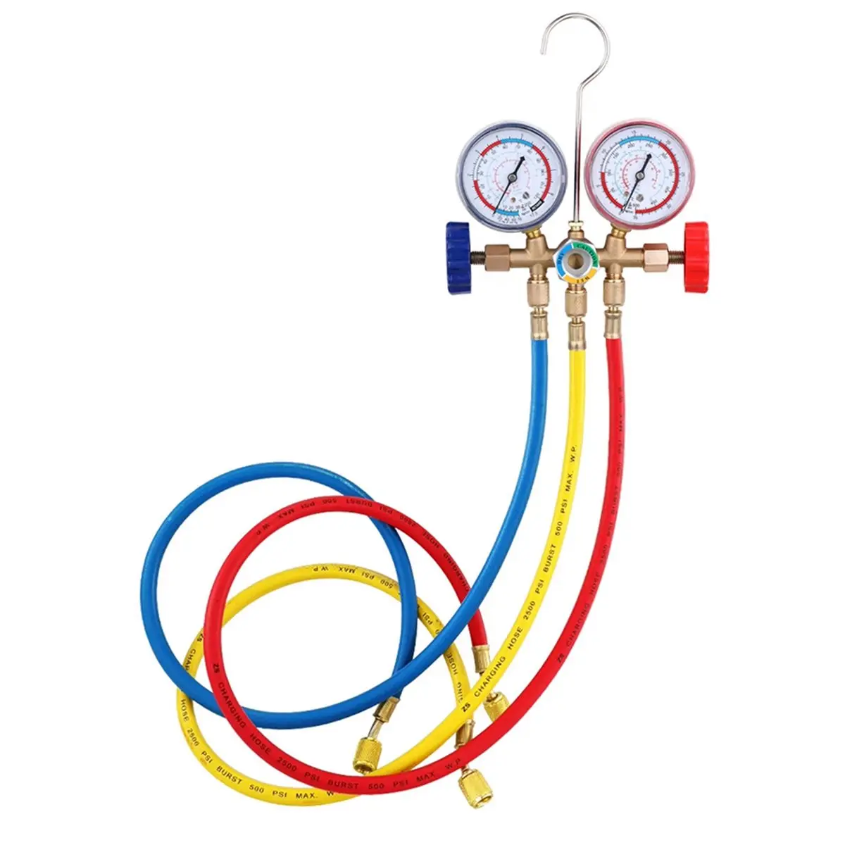 A79G Air Conditioning Pressure Gauge with Hose and Hook 3 Way AC Diagnostic Manifold Gauge for Freon for R12 R22 R404A R134a