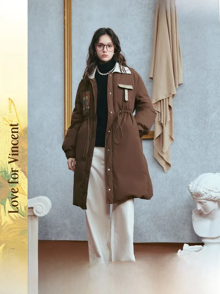 

Artistic Vintage Sle Women's down Jaet Printed Waist-Cinching with kets Autumn Winter Faion Warm Coat Du down