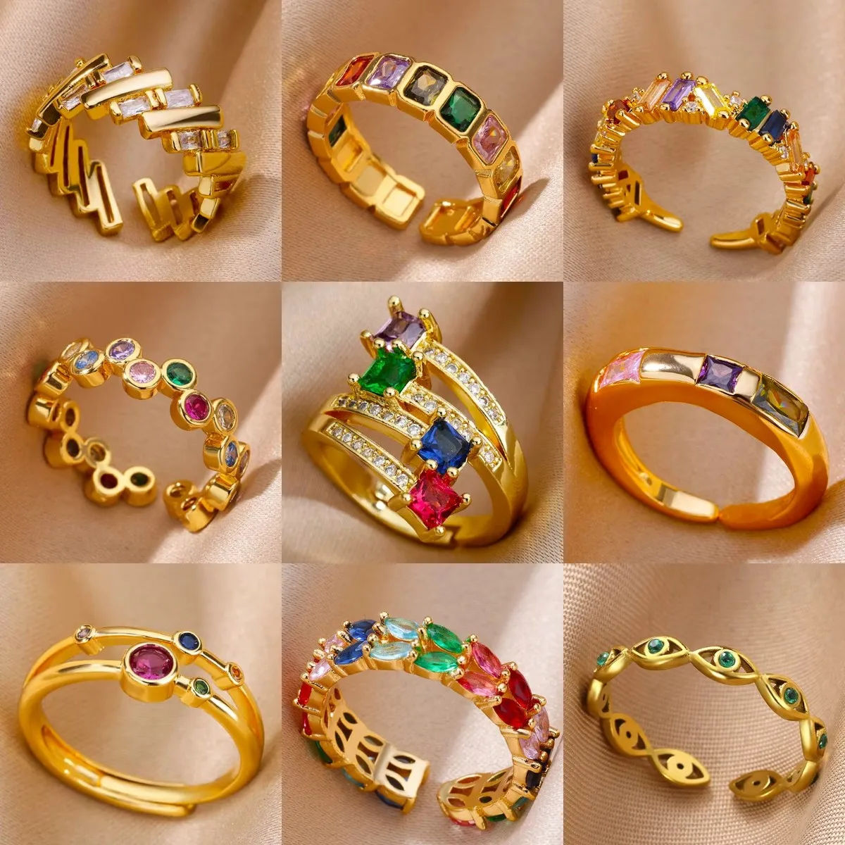 Luxry Colorful Zircon Opening Rings For Women Stainless Steel Gold Color Irregular Geometric Shiny Crystal Ring Fashion Jewelry