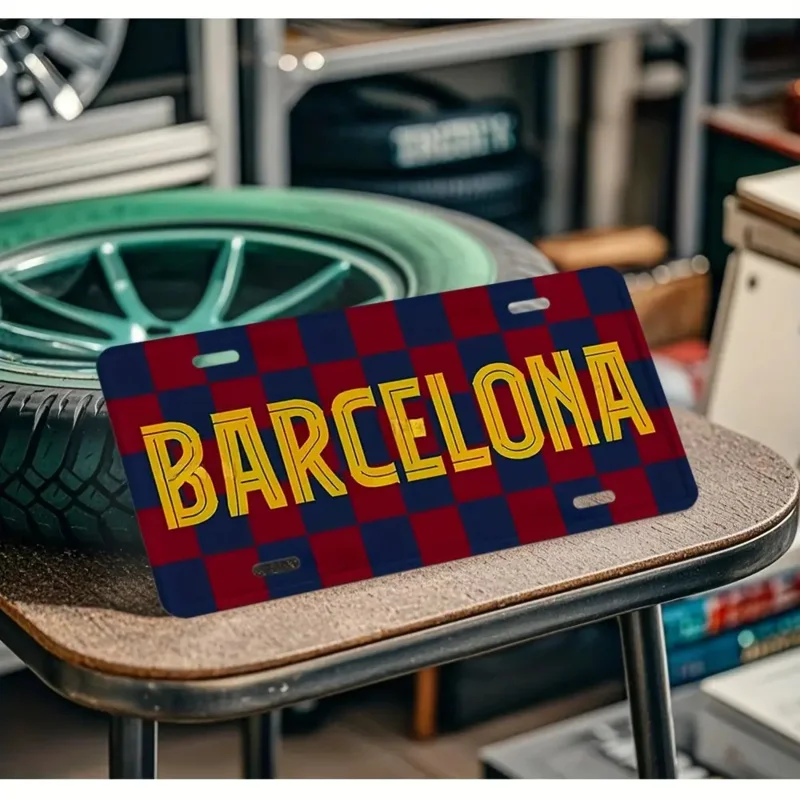 HD Aluminum Print, Vintage Barcelona Red Blue Checkered Retro License Plate Style Wall Art, High Definition Bend-Resistant Metal
