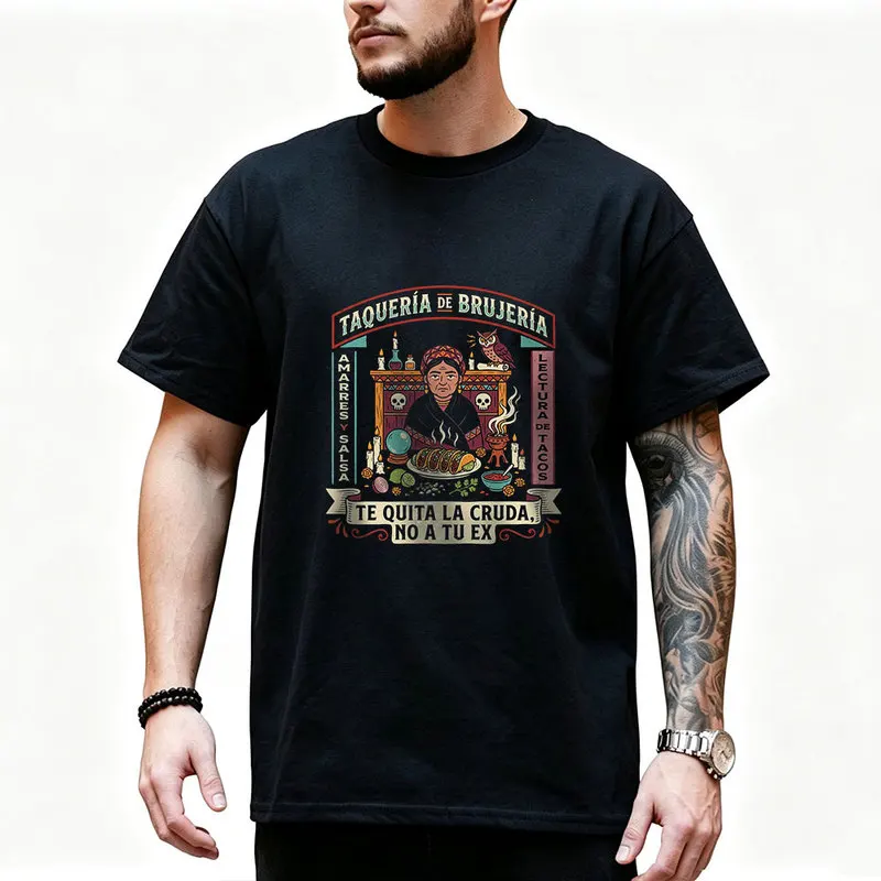 Curandera vendor selling tacos Graphic T Shirt 0912 Retro Dark Humor Mexican Culture Halloween Alternative Art Tee