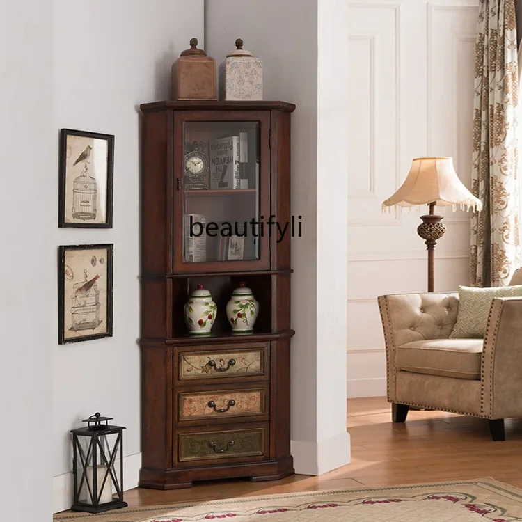 A139 American Style Corner Triangle Cabinet Living Room Storage Cabinet Solid Wood Drawer Vintage Painted Corner Cabinet