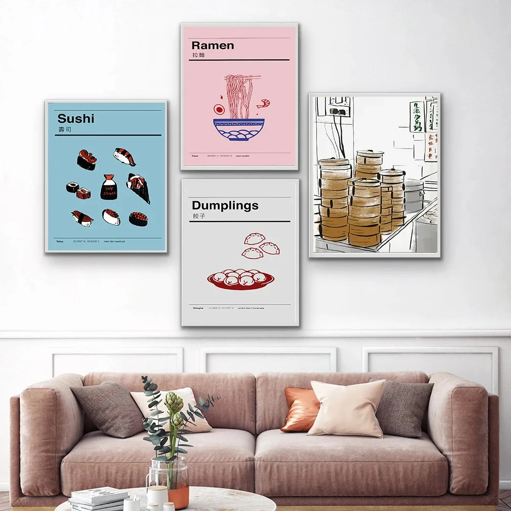 Современный стиль, японский рамэн, суши, абстрактная еда, фраза, печать на холсте, без рамы, распылительная живопись