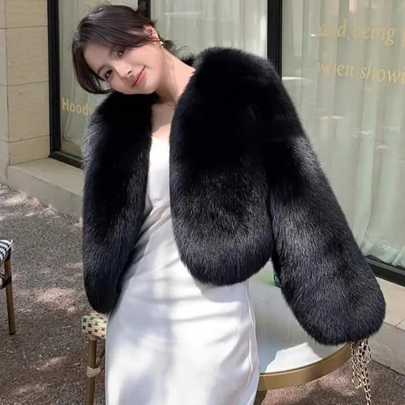 여성 인조 여우털 코트 숏 오버코트 솔리드 O넥 긴 소매 오픈 스티치 루즈 두꺼운 캐주얼 오피스 레이디 2025 가을 겨울