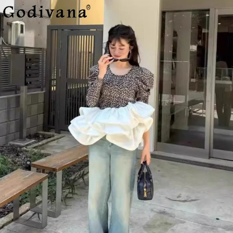 Japanese Style Leopard Print Tops Spring Autumn New 2025 Women's Slim Fit Elegant Sweet Fashion Ruffle Patchwork Bud T-Shirts
