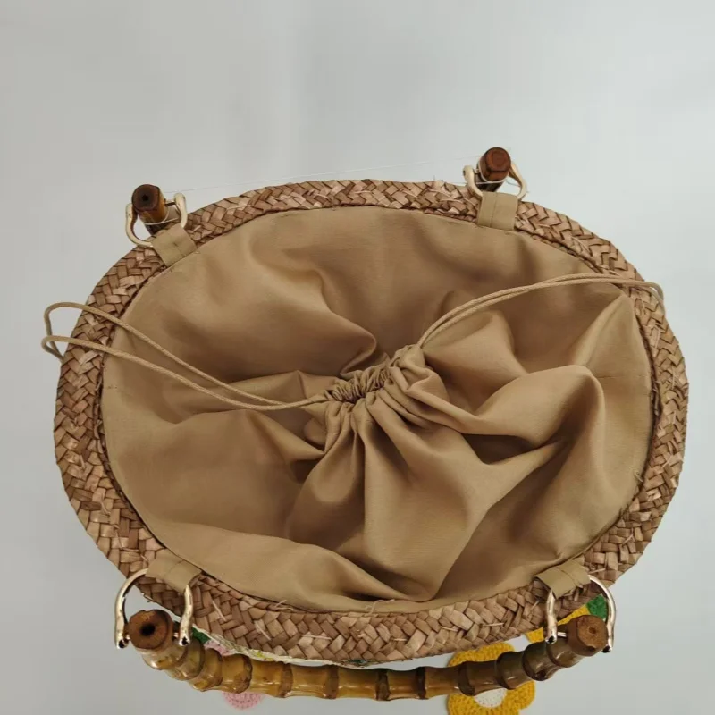 Straw Braid Flower Colored Straw Woven Bag Women Hollow Out Bucket Bag Casual Fresh Natural Bamboo Handle Handbag