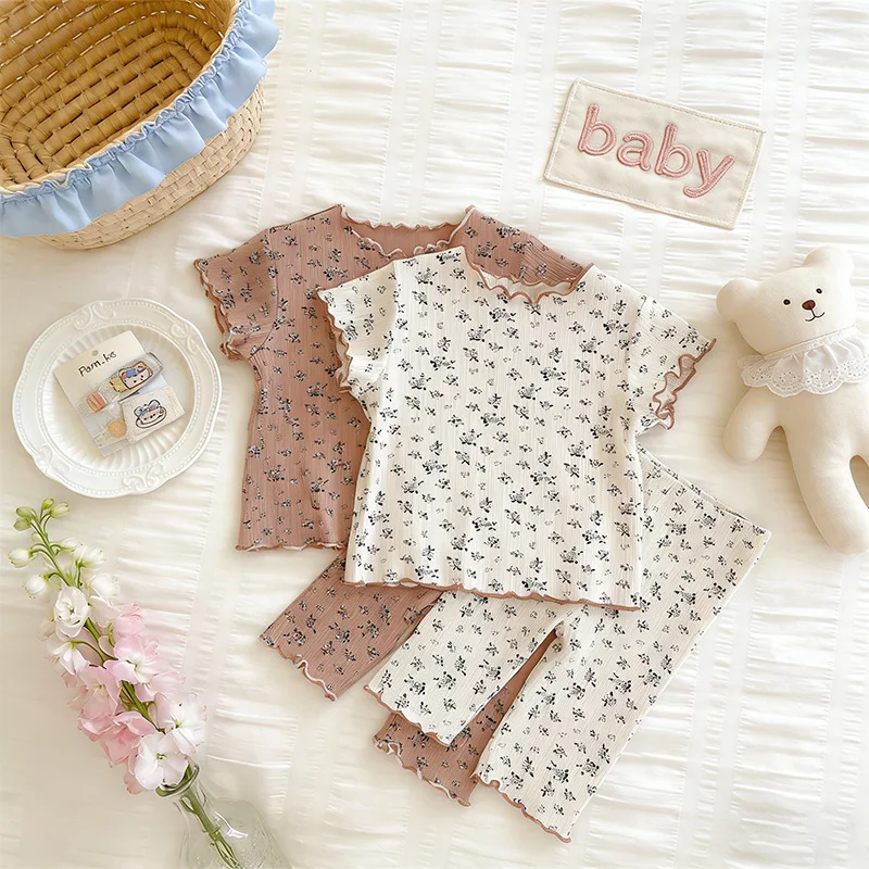 Ins Popular Kids Girls Pajama Set Summer Korean Style Floral Air Conditioner Clothes Comfortable Short Sleeve Sleeping Outfit