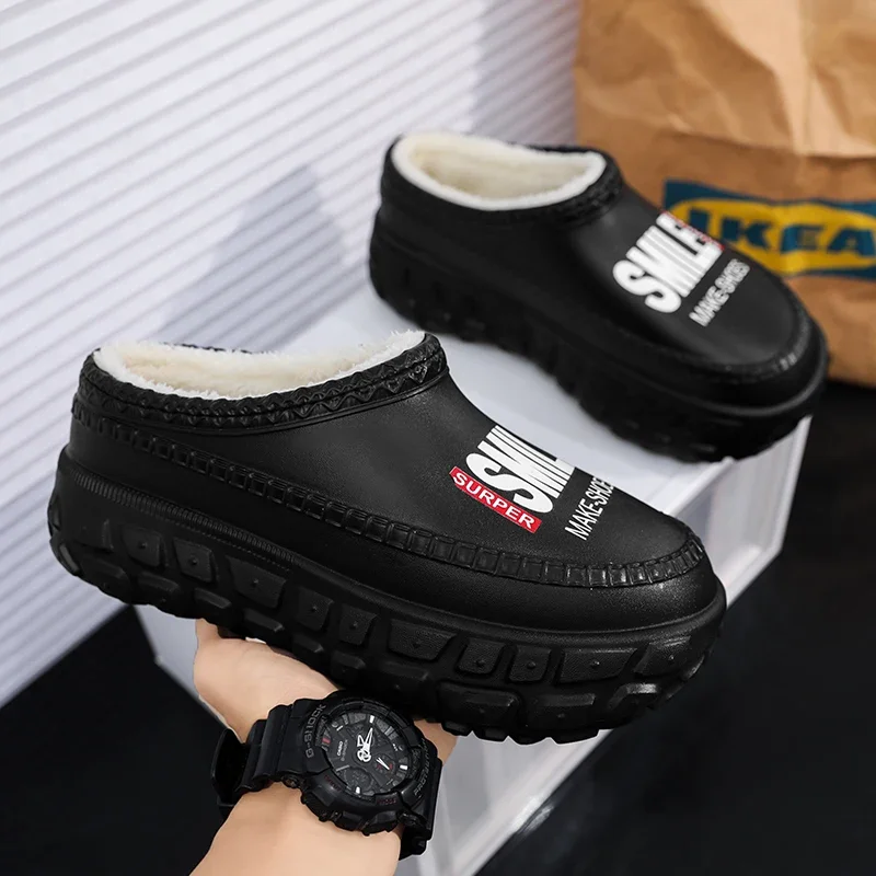 Winter Fur Clogs Waterproof Platform Slippers Warm Fleece Lined Garden Shoes Thick Sole Mules Casual Slippers Size 36-45