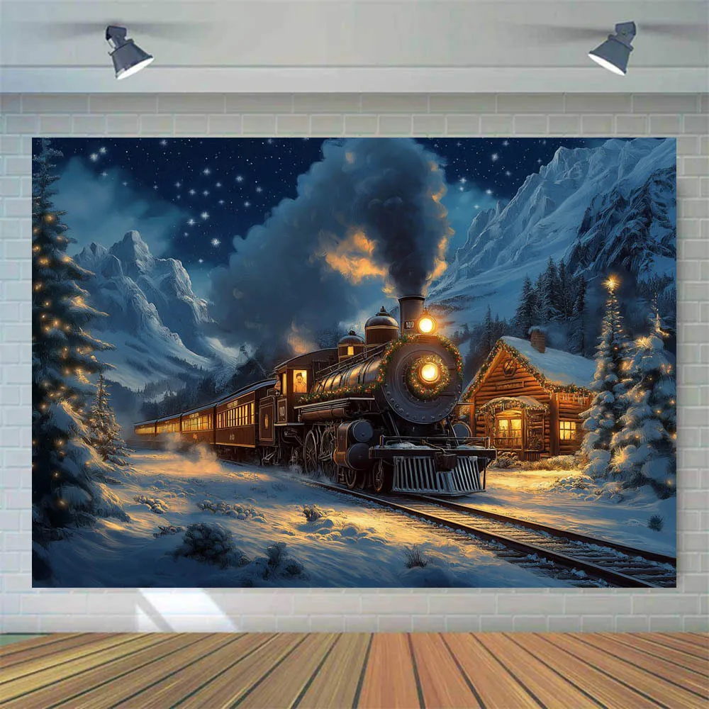 خلفية تصوير Mocsicka ، غابة شتوية ، قطار عتيق ، ثلج ، منزل خشبي ، شجرة عيد الميلاد ، خلفية ، استوديو تصوير ، مستلزمات تصوير