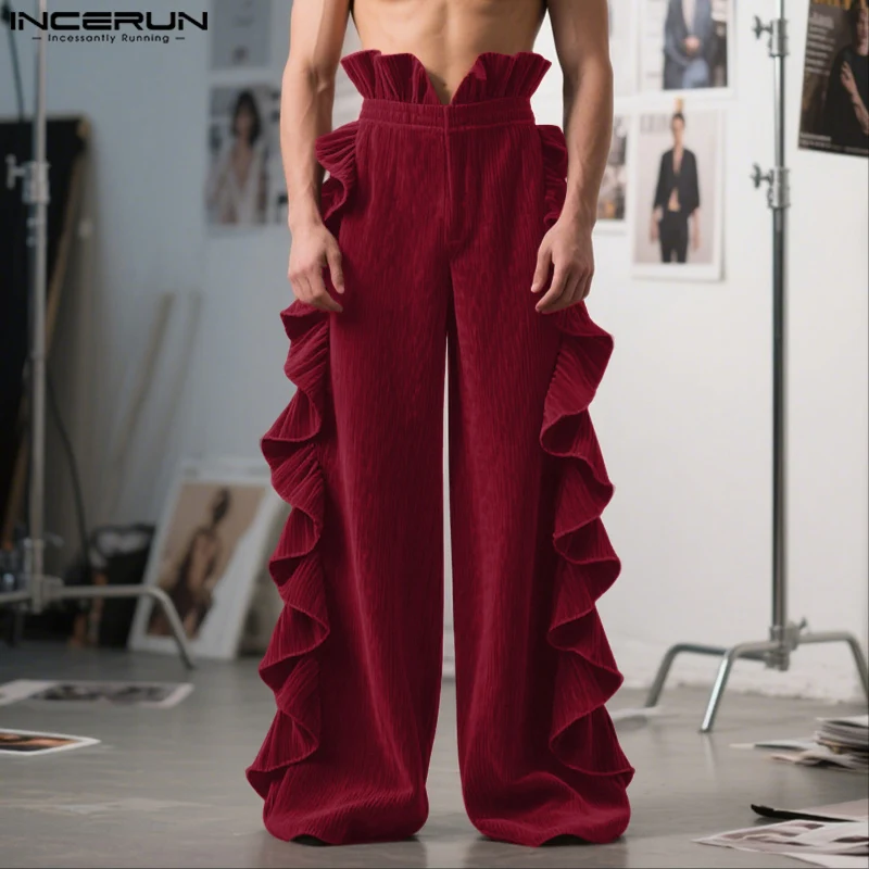 

INCERUN Men Pants Solid Color High Waist Joggers Ruffle Loose Wide Leg Trousers Men Streetwear 2025 Fashion Casual Long Pants