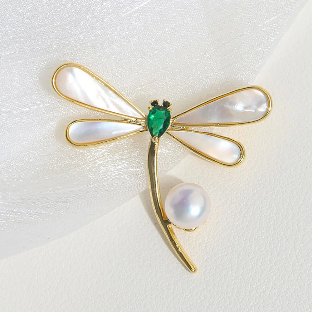 ZHEN-D Jewelry Natural Freshwater Pearl High Luster Shell Lovely Dragonfly Brooch Pin Suit Decoration Gift for Women Girl