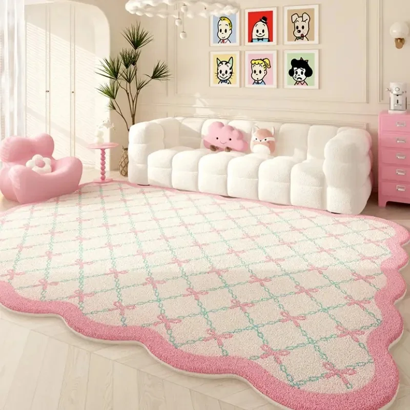 VIKAMA Pink Wavy Edge Grid Bow Area Rug Non‑slip Sweet Cute Style Carpet For Girls Bedroom Living Room Home Decor