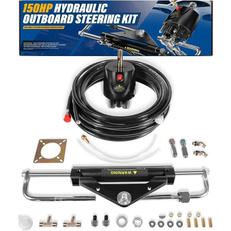 150HP Hydraulic Outboard Steering Kit Boat Marine System, Built-in Two-Way Lock Cylinder, 26ft High-Strength Nylon Hose