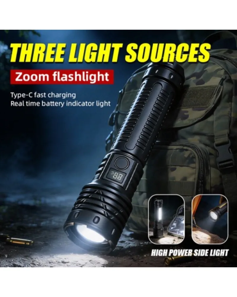 New Super Bright White Laser Flashlight Zoomable Long Range Tail COB Outdoor Rechargeable USB C Multifunction Torch