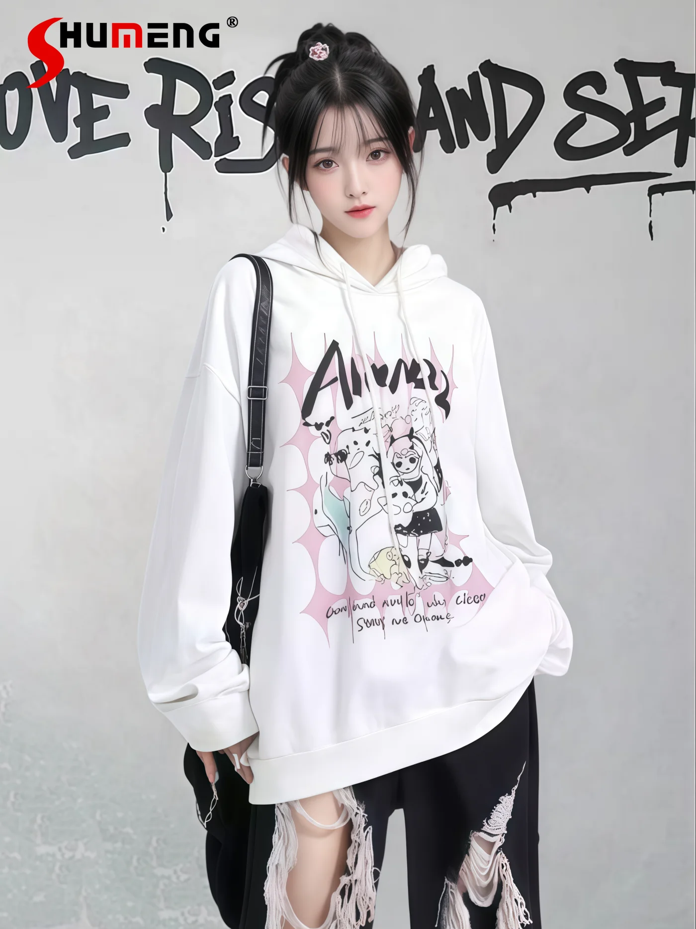 

American Cartoon Print Oversized Anime Hoodies Lazy Casual Loose Versatile Long Sleeve Sweet Cool White Sweatshirts Women Autumn