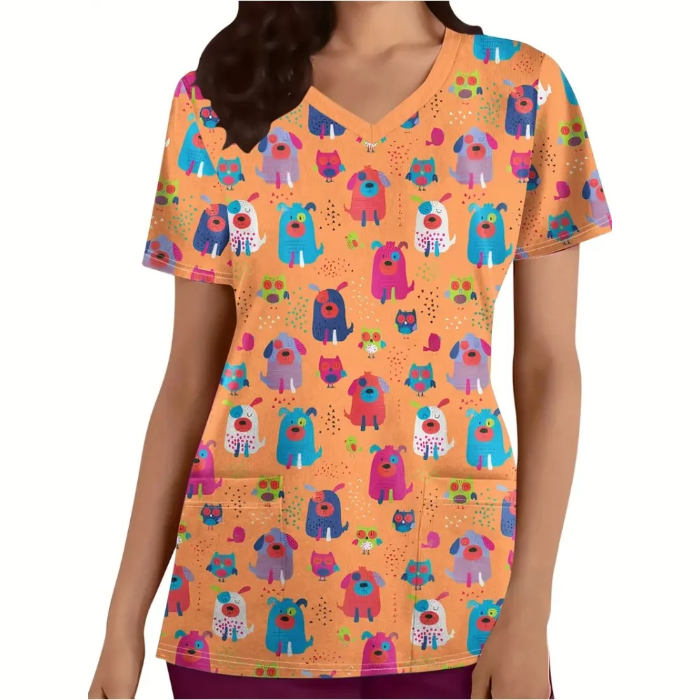 Women's Medical Uniforms Animal Cartoon Pattern Tee Fashion Patch Pocket Short Sleeve Tops Casual V-Neck Vet Nurse Uniform Woman