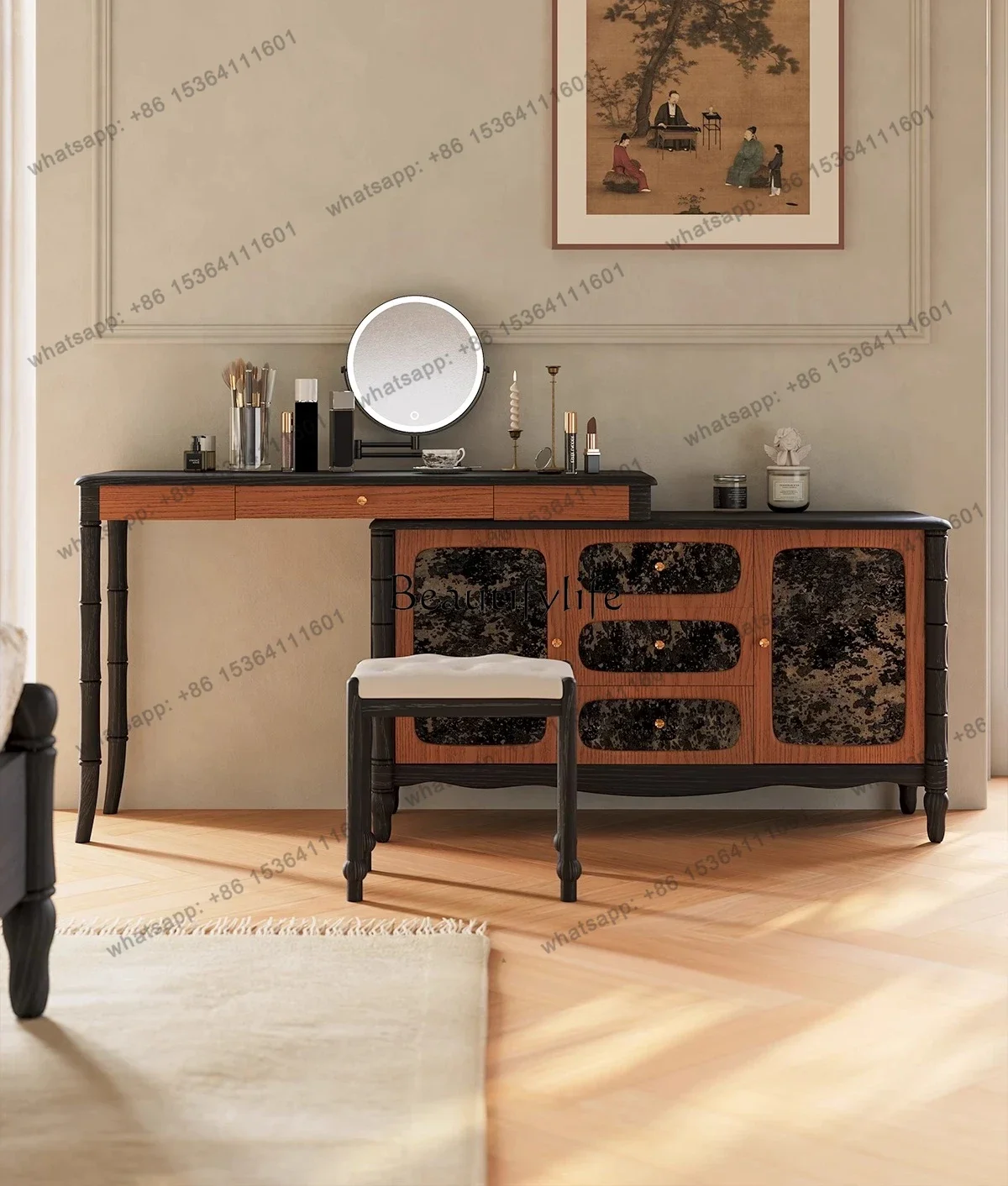 

56French retro dresser, chest, integrated small apartment, corner makeup table, solid wood light luxury