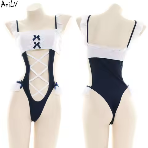 AniLV Anime Bar Lolita Girl Maid Bodysuit Swimsuit Uniform Costume Chest Cross Straps one-piece Swimwear Pool Party Cosplay