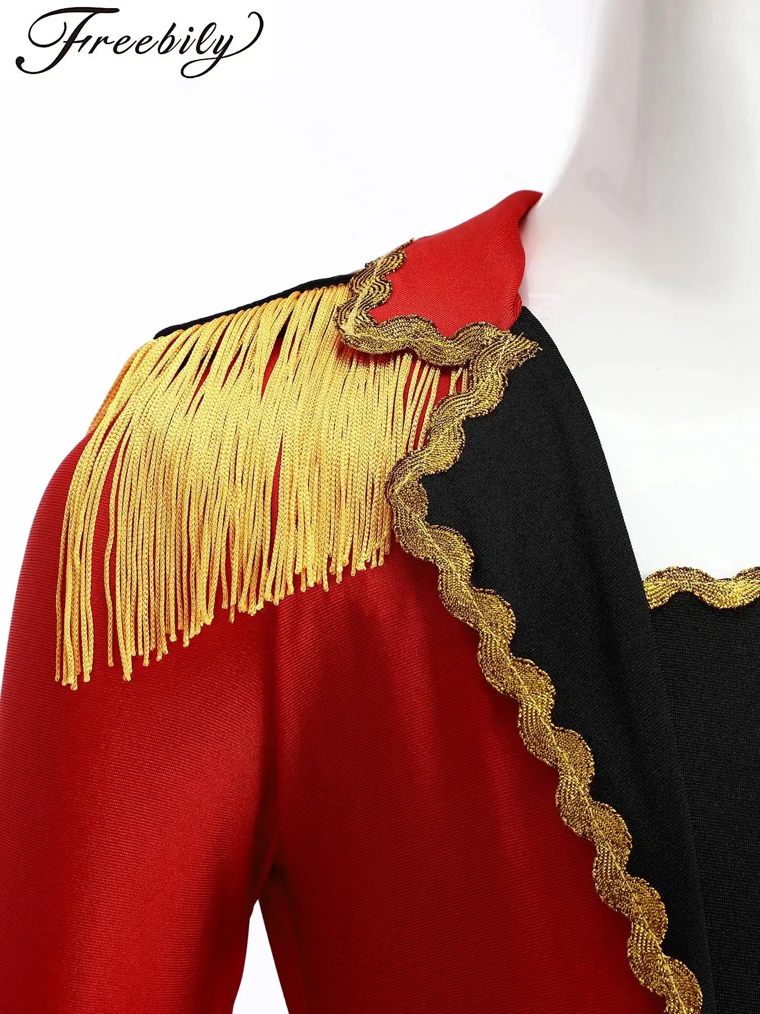

Girls Halloween Circus Performance Costume Ringmaster Jumpsuit Gold Trim Long Sleeve Shoulder Epaulets Tassels Pleated Leotards