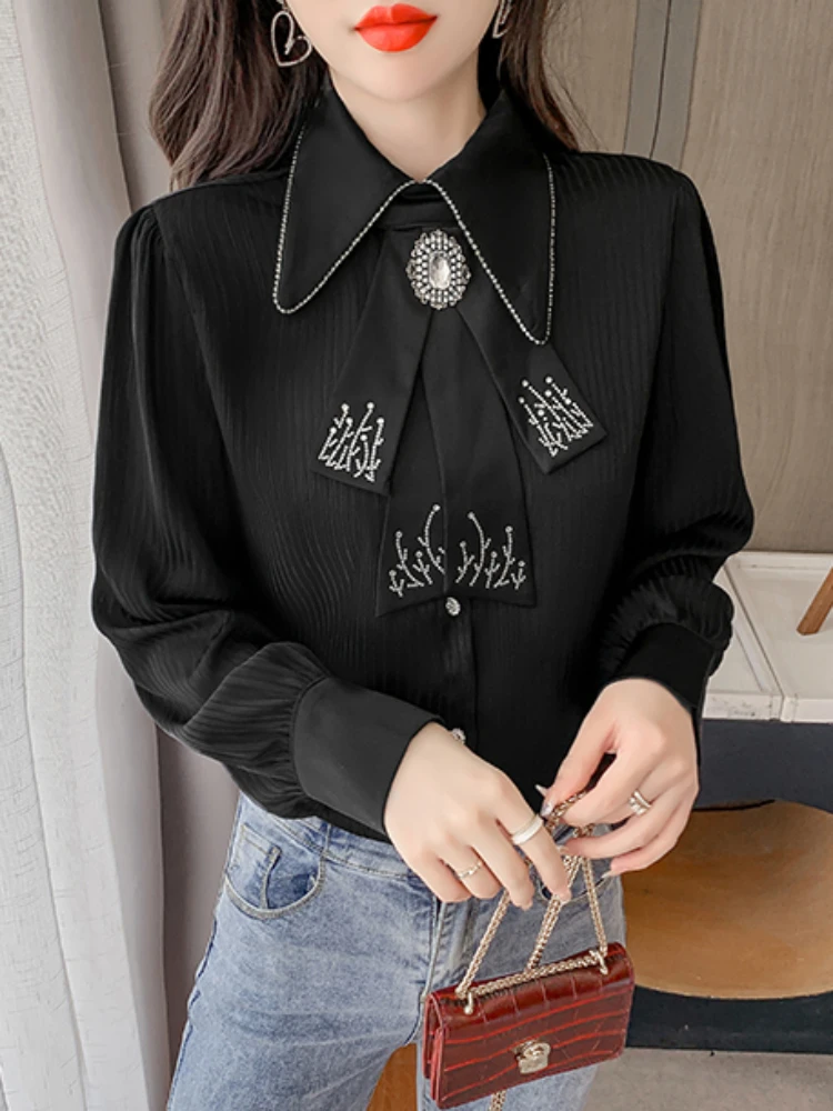 French Commuter Bow Hot Drilling Shirt Women Spring Autumn New Korean Style High Quality Puff Sleeve Fashion Elegant Top Trendy