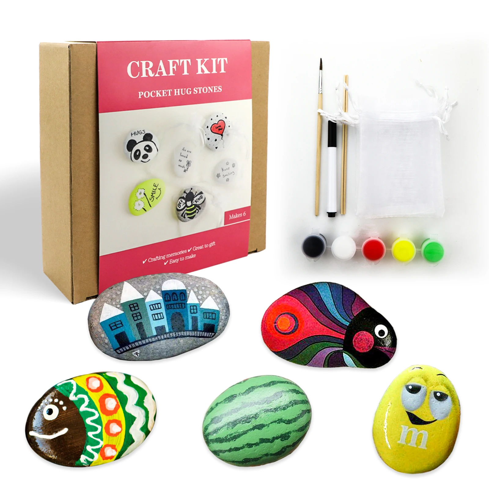 Rock Painting Kit for Adults Kids, 6 Rocks for Painting with Painting Supplies, Arts and Crafts for Girls and Boys