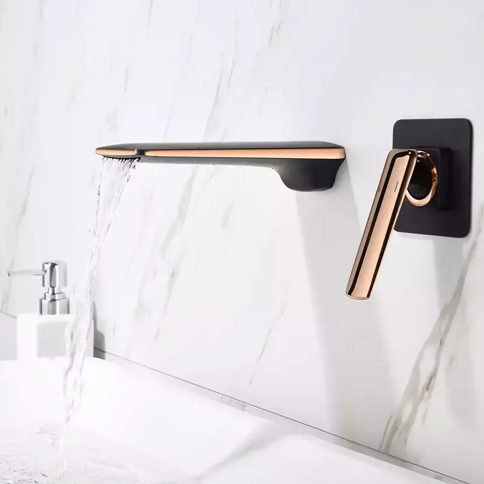 Hot and Cold Water Taps Wall Mounted Brass Basin Faucet Rose Gold Mixed Finish Bathroom