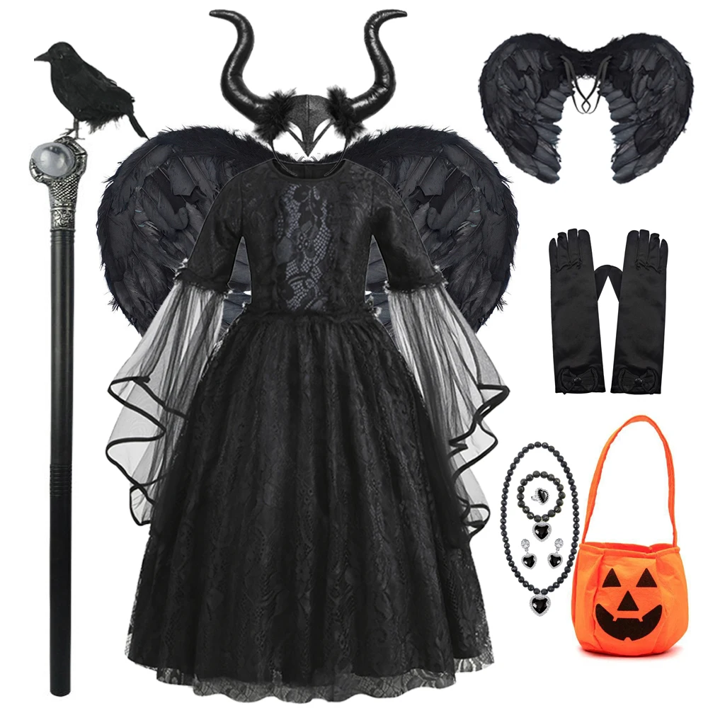 Halloween Maleficent Cosplay Dress Girls Hand Woven Tutu Kids Evil Queen Luxury Fluffy Gown Kids Stage Performance Outfits
