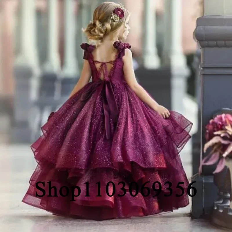 

Burgundy Flower Girl Dresses Wedding Lace Beads Floral Appliqued Little Girls Pageant Dresses Party Princess Gowns Prom Dress