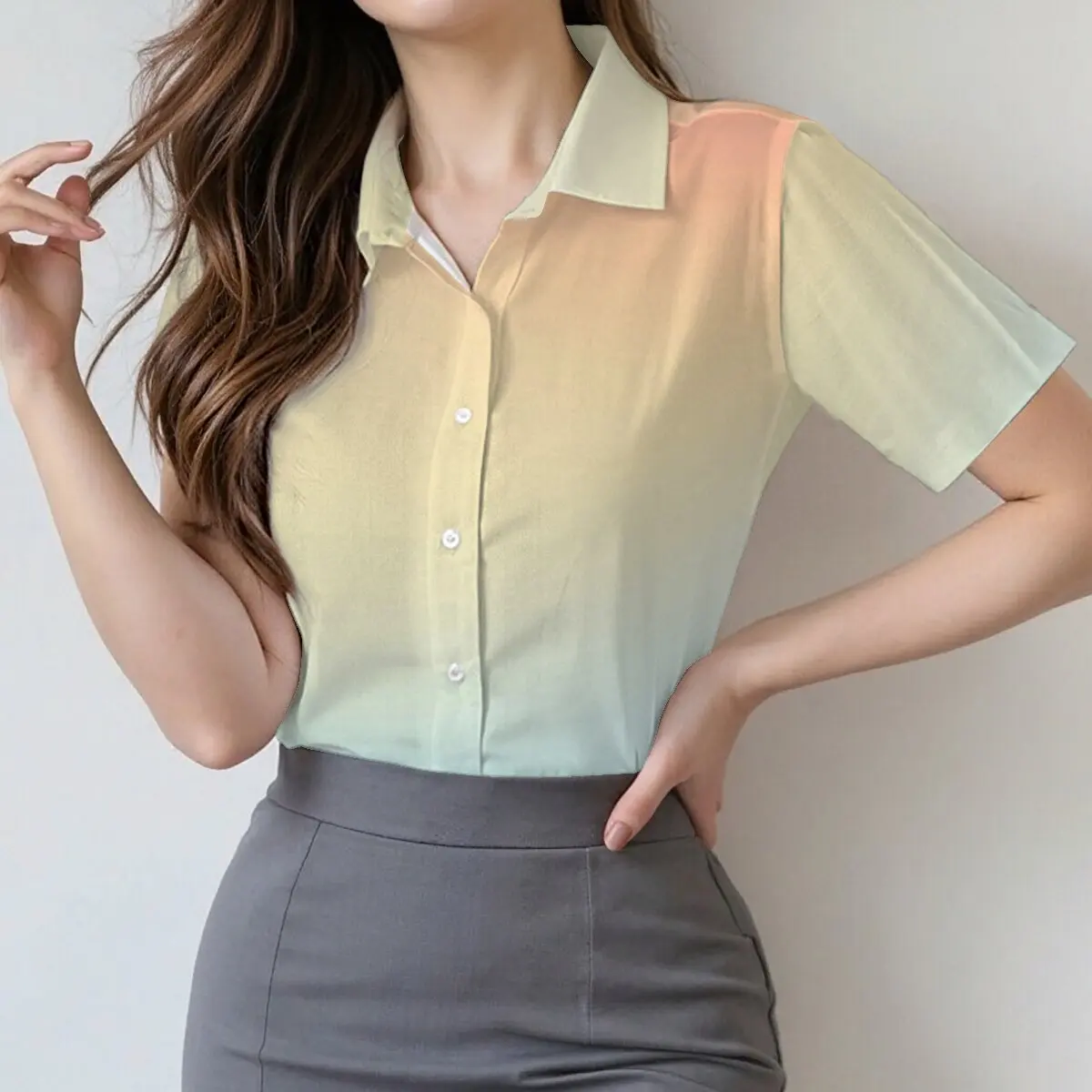 

Summer women's short-sleeve lapel shirt, summer style, artistic gradient, gentle & elegant, for workplace, social and gatherings
