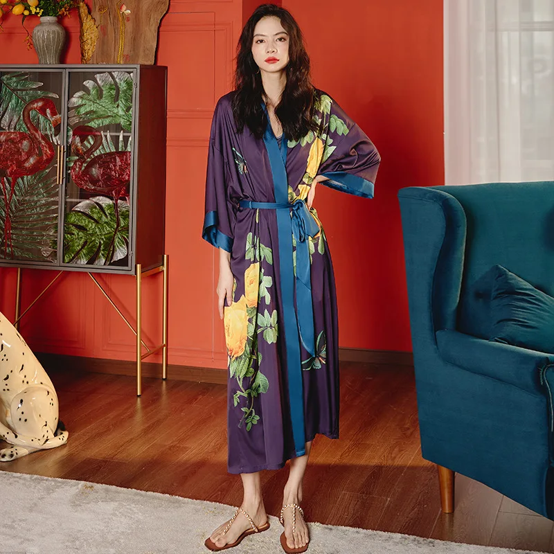 Summer New Women Sexy Print Robe Female Homedress Silk Satin Lady Plant Sleepdress Loose Casual Bathrobe One Size