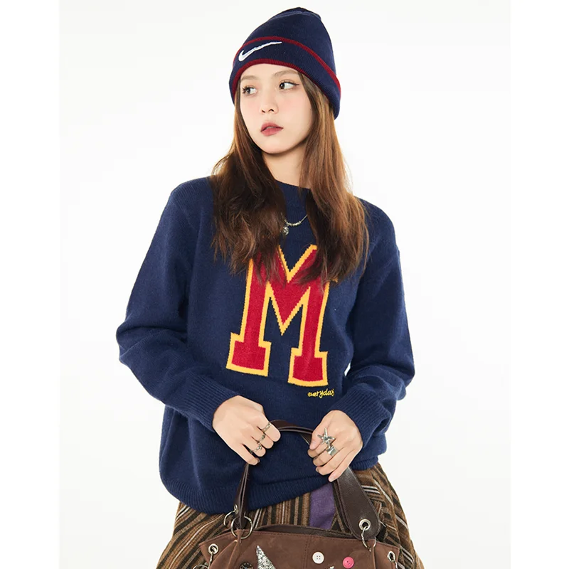 Women Navy Blue Sweater Letter Fashion Vintage Leisure Lazy Wind Winter Cashmere Thicken Warm Long Sleeve Knitting Pullover