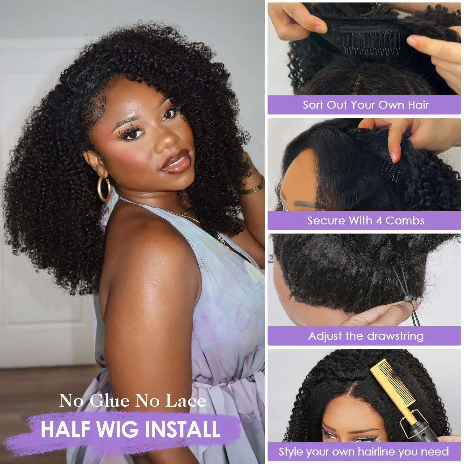 3-in-1 Multi-Wear Jerry Curly Halbperücke, natürliches Schwarz, brasilianisches Remy-Echthaar, maschinell gefertigt, 200 % dicke Dichte, nahtloses Flip-Over-Design, verstellbarer Kordelzug, Wear-and-Go für Damen – Detail 12