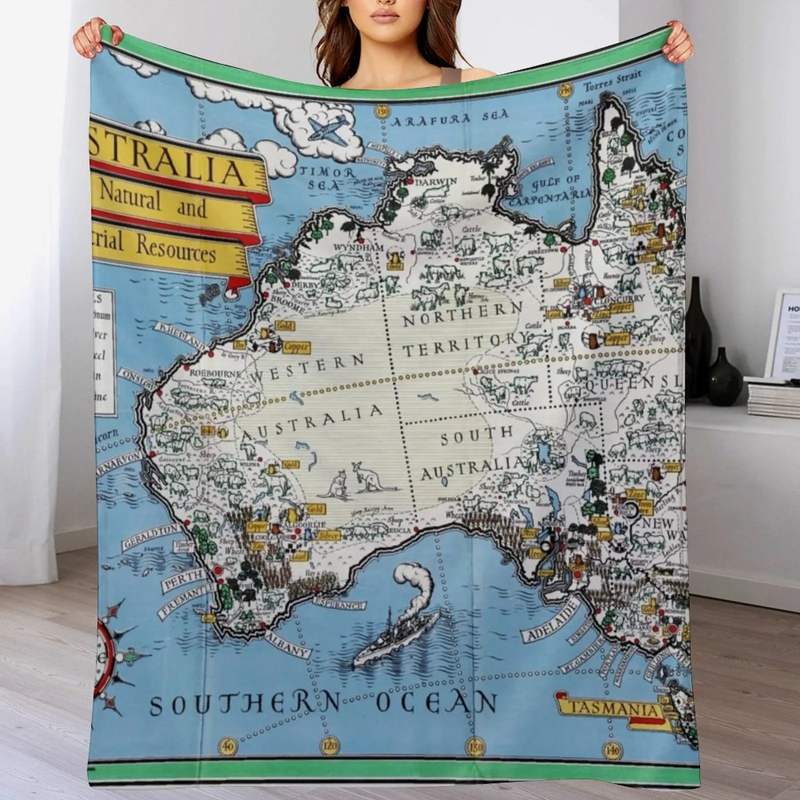 

Pictorial Map Print of Australia, her natural and industrial resources by MacDonald Gill (1942) Throw Blanket