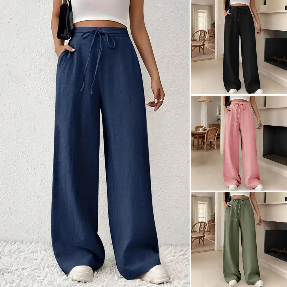 

2026 Summer Women's Wide Legs Casual Pants Lightweight High Waist Adjustable Lace Up Loose Pants With Pockets Pure Color