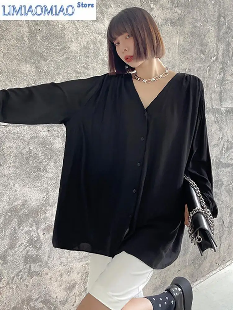 New Women Black Elegant Big Size Casual Blouse V-neck Long Sleeve Loose Fit Shirt Fashion Tide Spring Autumn