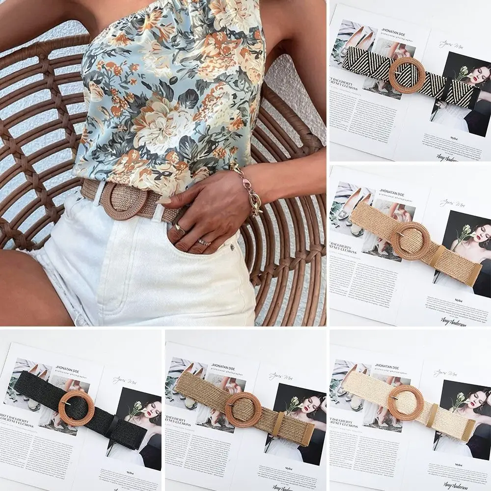 Fashion Women Straw Belt Casual Bohemian Wide Belt Summer Braided Waistbelt  Buckle Elastic Female Straw Waist Belt