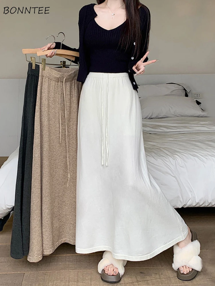 

Knitted Long Skirts for Women 4 Colors Simple Office Lady Elegant Fashion Baggy Vintage A-line Faldas Korean Style Autumn Winter