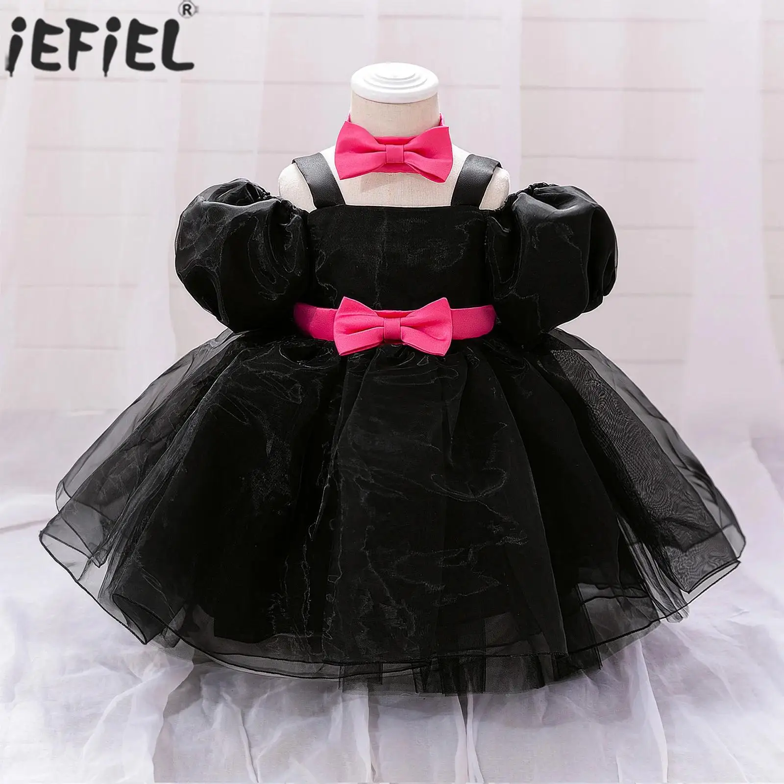 

Baby Girls Birthday Party Princess Dress Puff Sleeve Bowknot Tulle Tutu Ball Gown with Bowtie Wedding Photography Formal Clothes