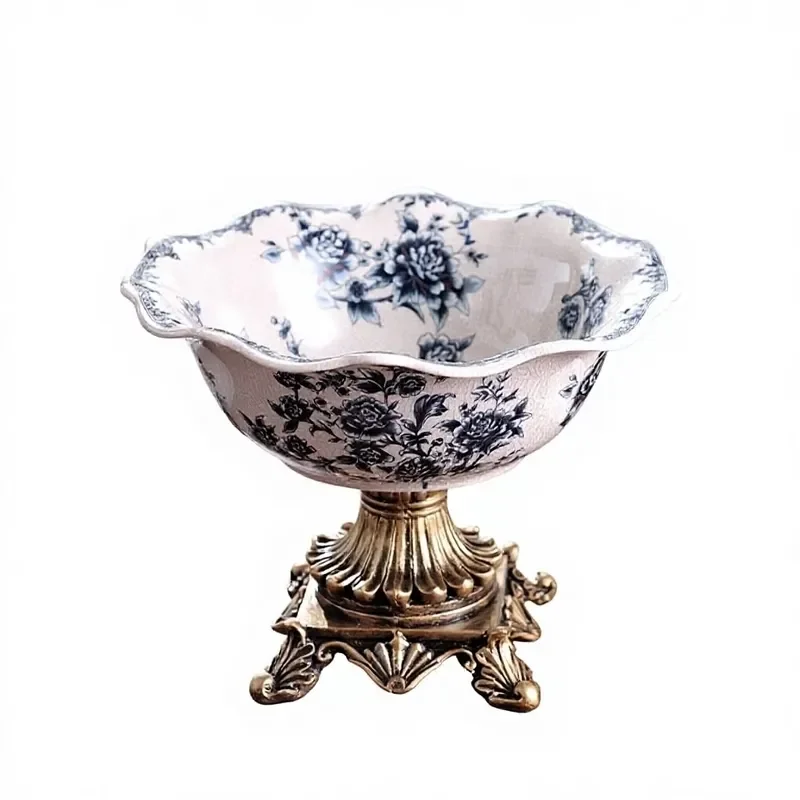 High Footed Ceramic Fruit Plate Blue And White Porcelain Chinese Plant Pattern European Retro Style Light Luxury Home