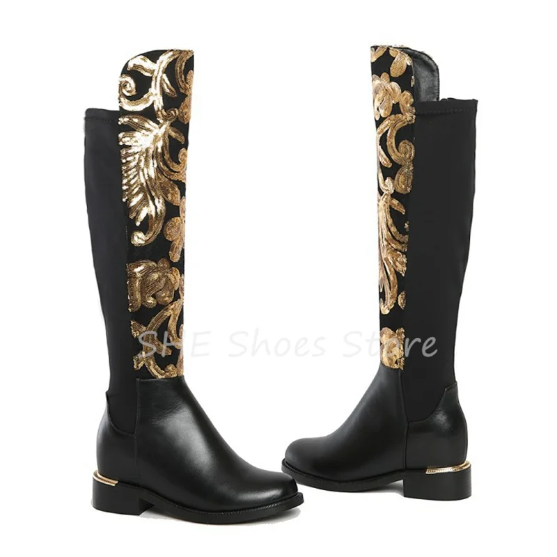 Luxury Design Bling Golden Sequins Women Knee Hight Boots Round Toe Chunky Heel Leather Long Boots Ladies Winter Warm Shoes