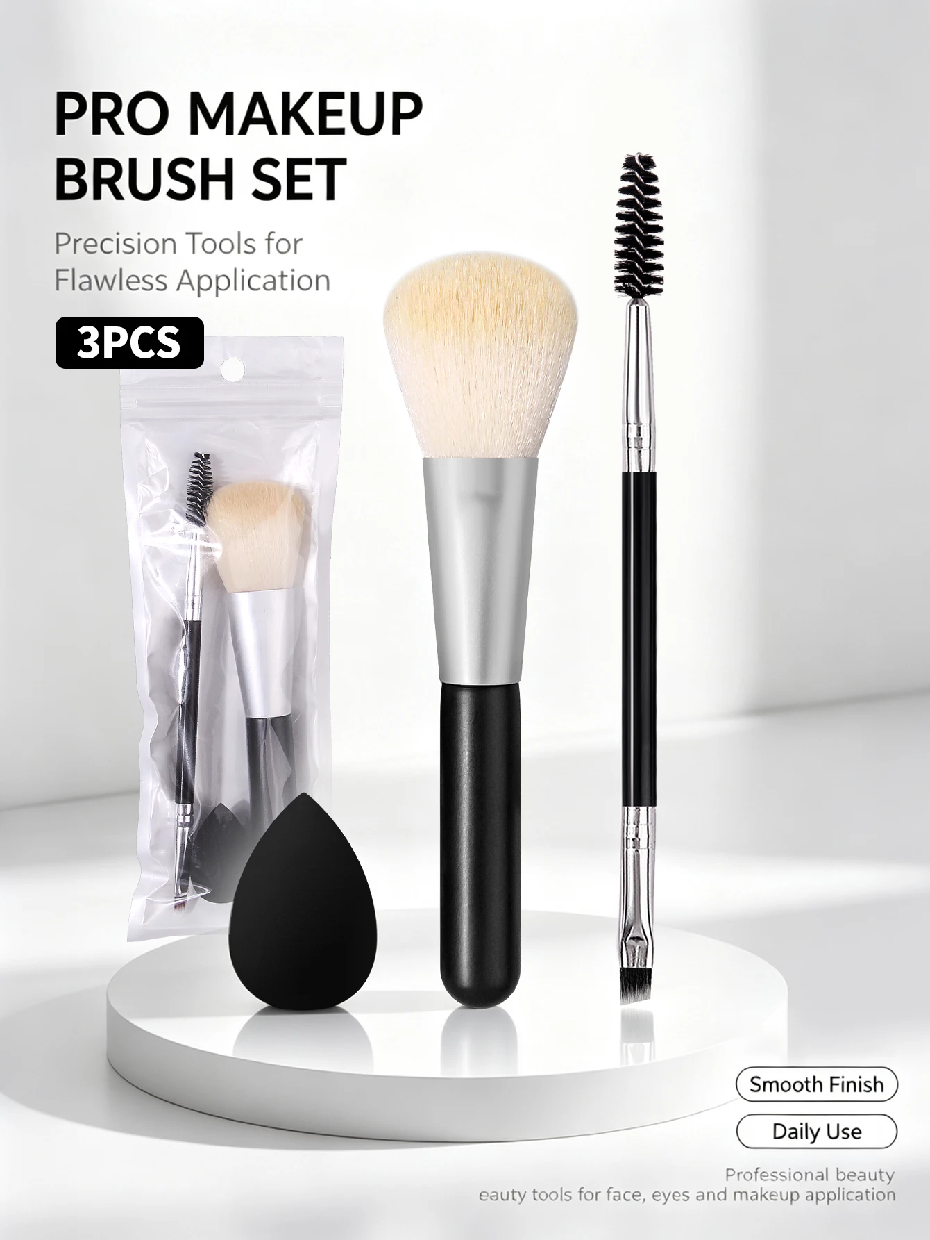 3Pcs Makeup Brush Set, Large Powder Brush, Dual-ended Eyebrow Brush & Makeup Puff, Cosmetic Tools for Face & Eye Makeup