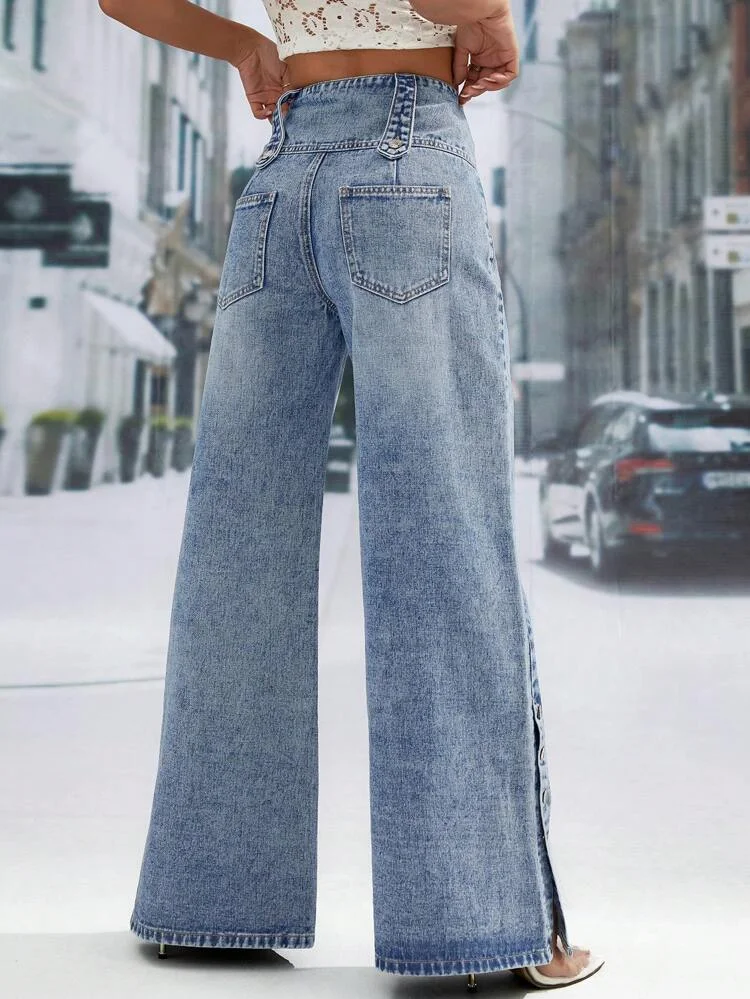 Plus Size zapinane na guziki jeansowe proste dżinsy z szeroką nogawką kieszenie z wysokim stanem w stylu Vintage dżinsy casualowe w stylu Streetwear